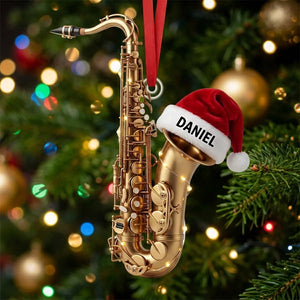 Personalized Name Saxophone Christmas Ornament With Santa Hat | Keepsake Gift For Band Player