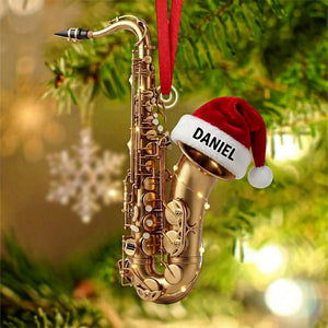 Personalized Name Saxophone Christmas Ornament With Santa Hat | Keepsake Gift For Band Player