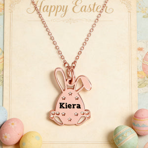 Personalized Cut-out Rabbit Finish Easter Bunny Necklace With Engraved Name & Color - Creative Easter Basket Present For Kids & Teens