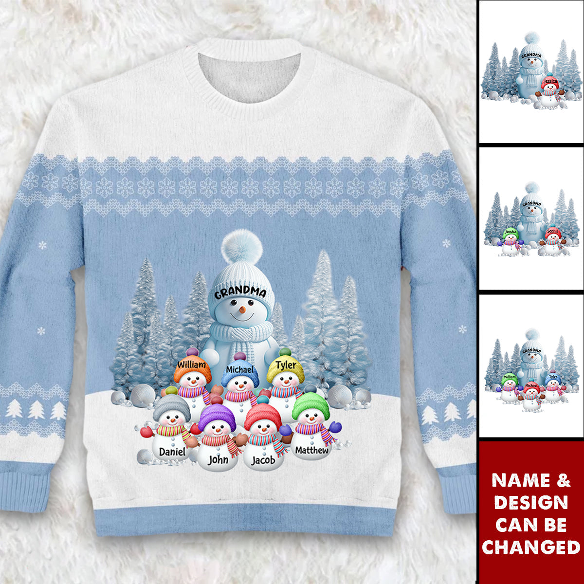 Personalized "Grandma's Little Snowman" Wool Sweater With 1-8 Names Heartwarming Christmas Gift  For Grandma Mom Kids