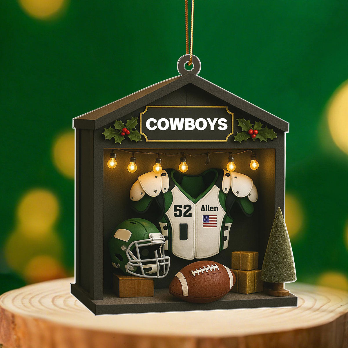 Personalized 2D American Football Cabin Xmas Ornaments With Names & Number Treasure Gift For Football Player And Football Lovers
