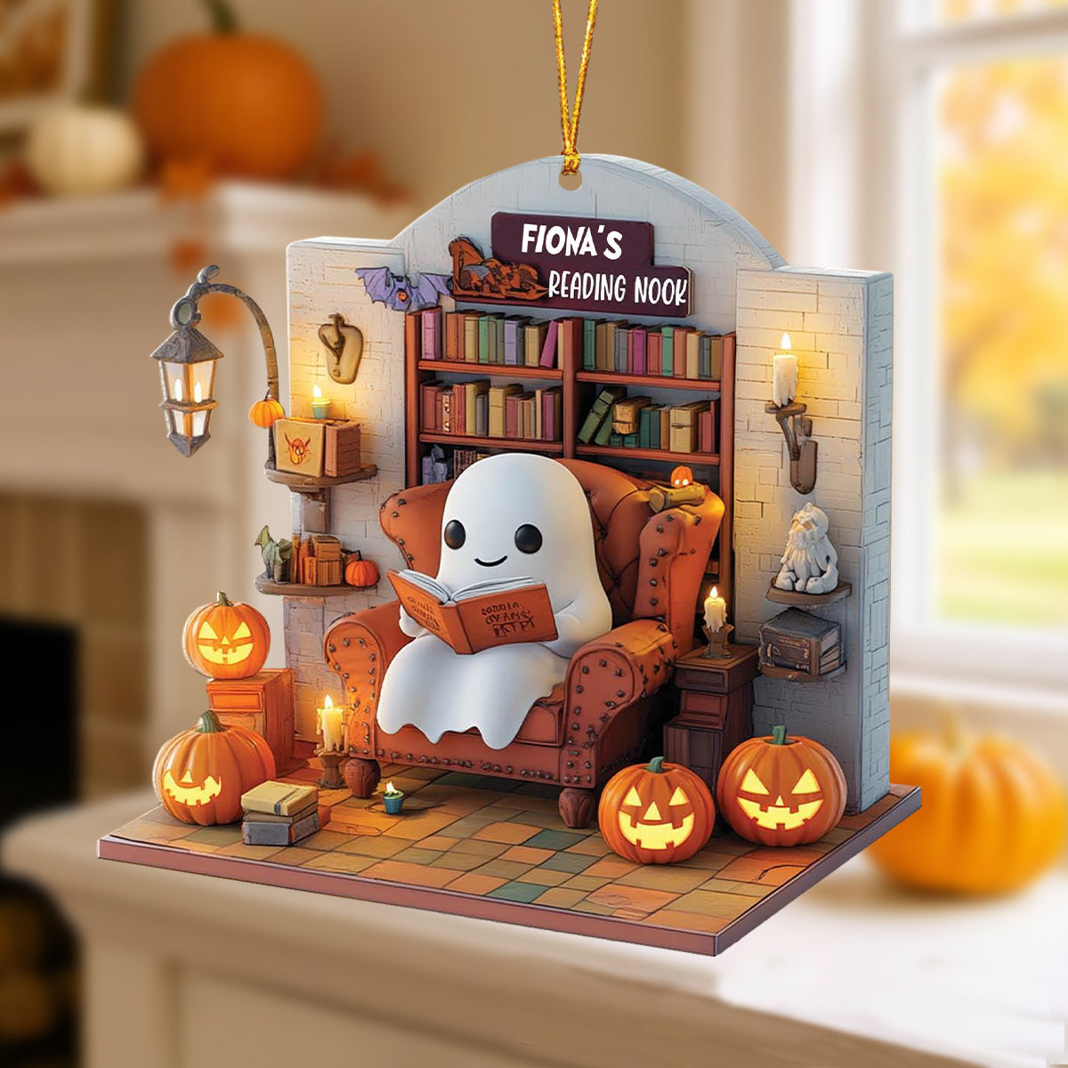 Personalized Ghost Reading Nook Ornament With Name,Unique Halloween Gift For Book Lovers & Library