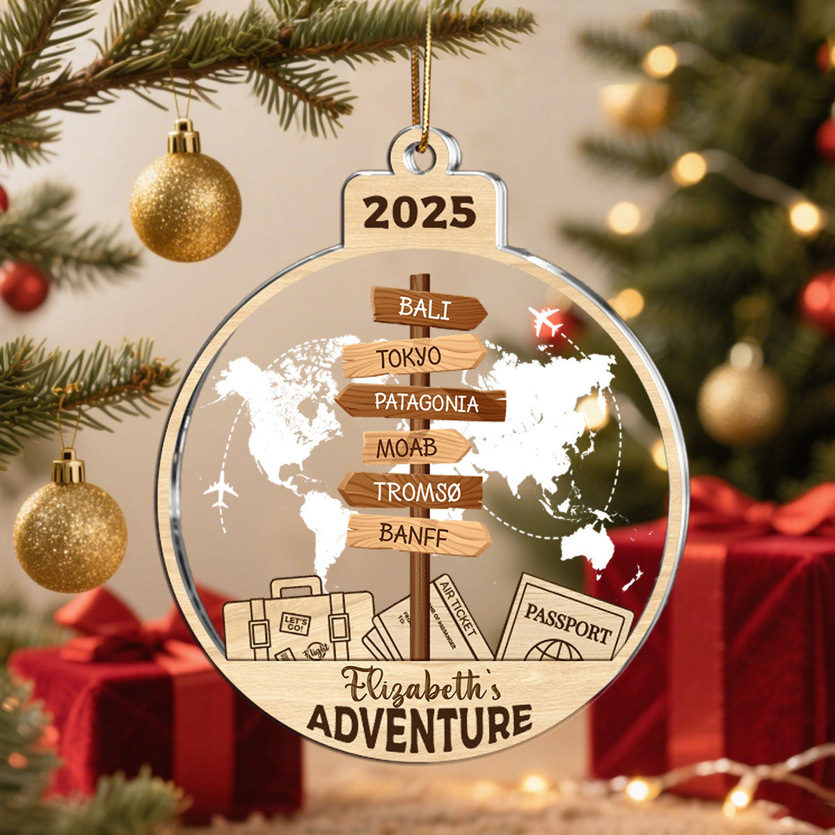 Personalized Adventure 2-Layered Mix Ornament With 1-15 World Destination Signs - Exploring World Christmas Gift For Traveller