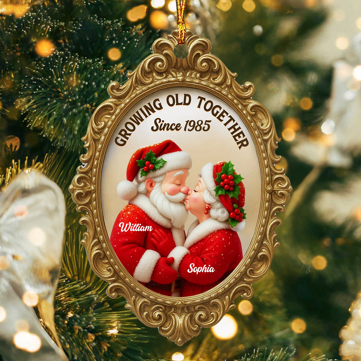 Personalized Vintage Mr. & Mrs. Claus Frame Ornament With Names Design & Year "Growing Old Together Since" Christmas Decoration For Couples