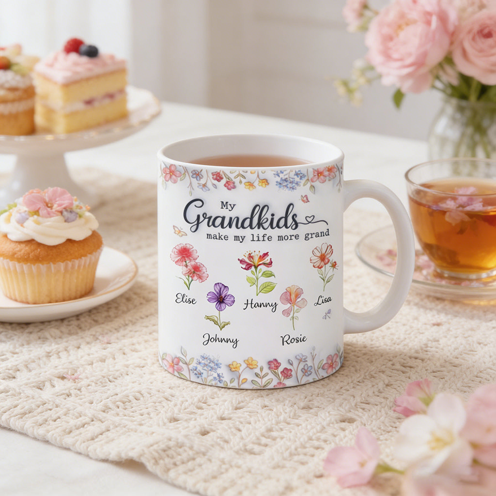 Personalized Floral Butterfly Ceramic Mug With Grandkids' Names - Mother's Day Gift For Grandma Mom