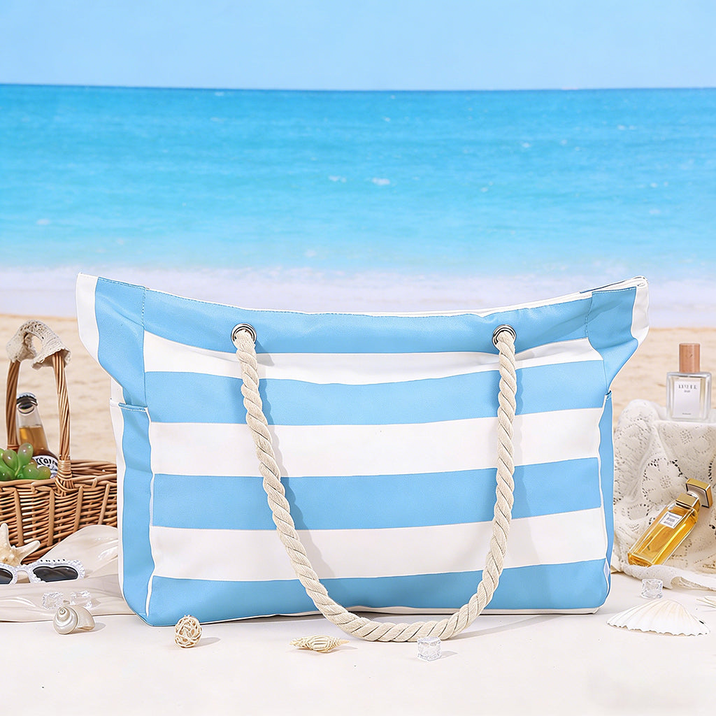 Personalized Waterproof Striped Beach Bag With Embroidered Name - Vacation Gift For Women