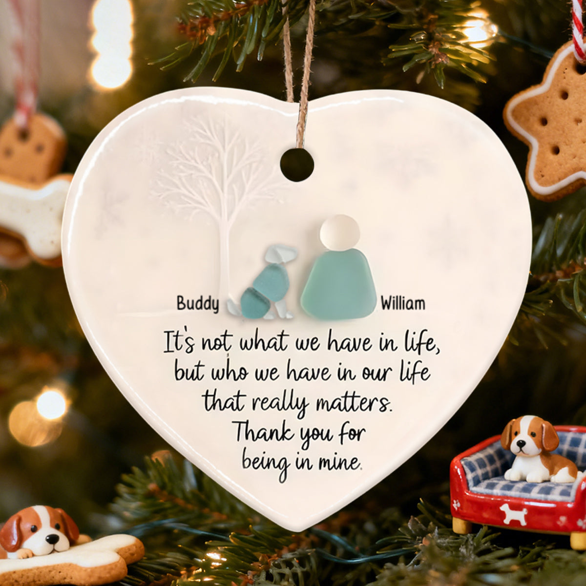 Personalized Pet & Owner Ceramic Heart Ornament With Names Thank You For Being In Mine - Unique Thank You Gift For Pet Lover