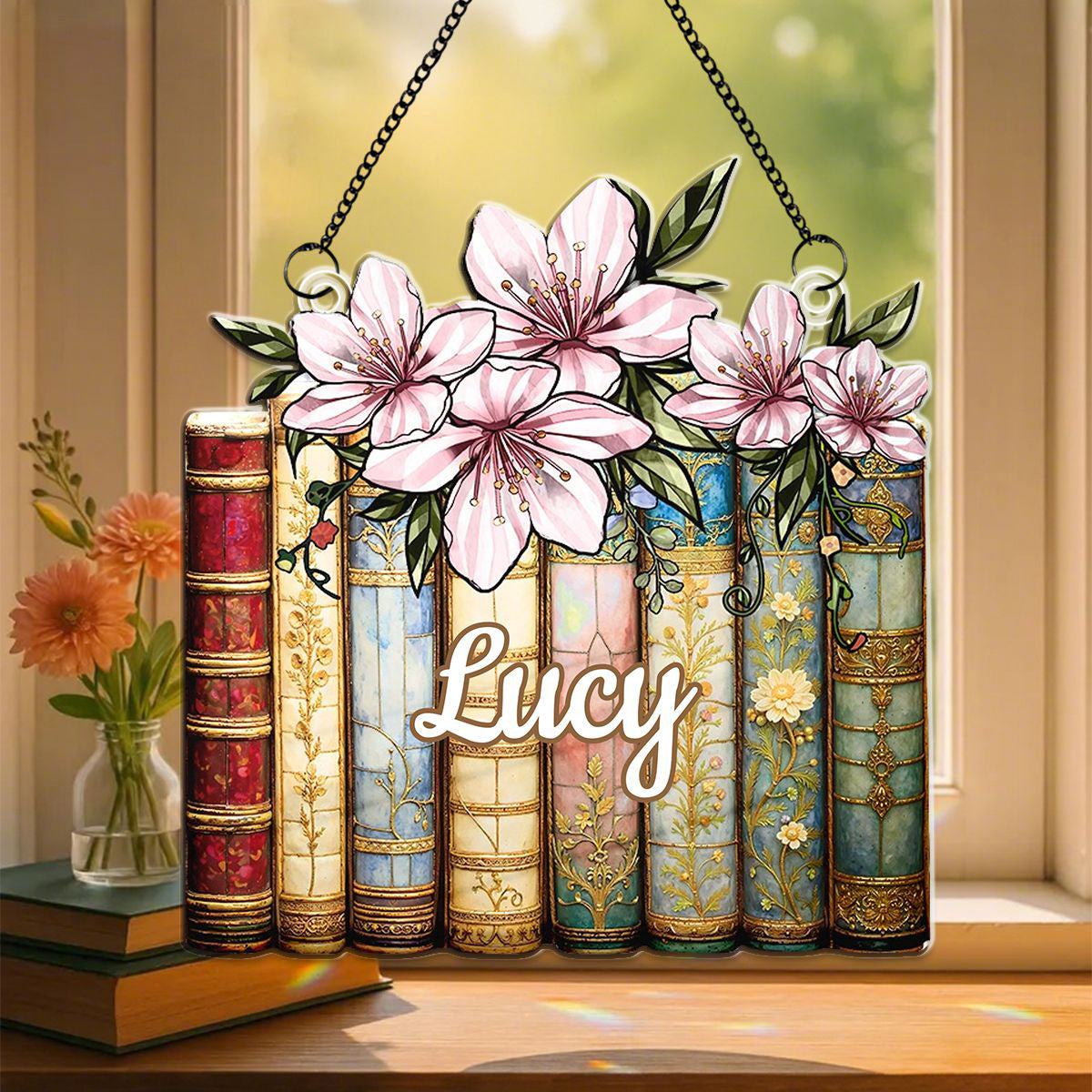 Personalized Birth Flower & Book Stack Stained Glass Effect Suncatcher Ornament With Name Unique Christmas & Birthday Gift For Book Lover