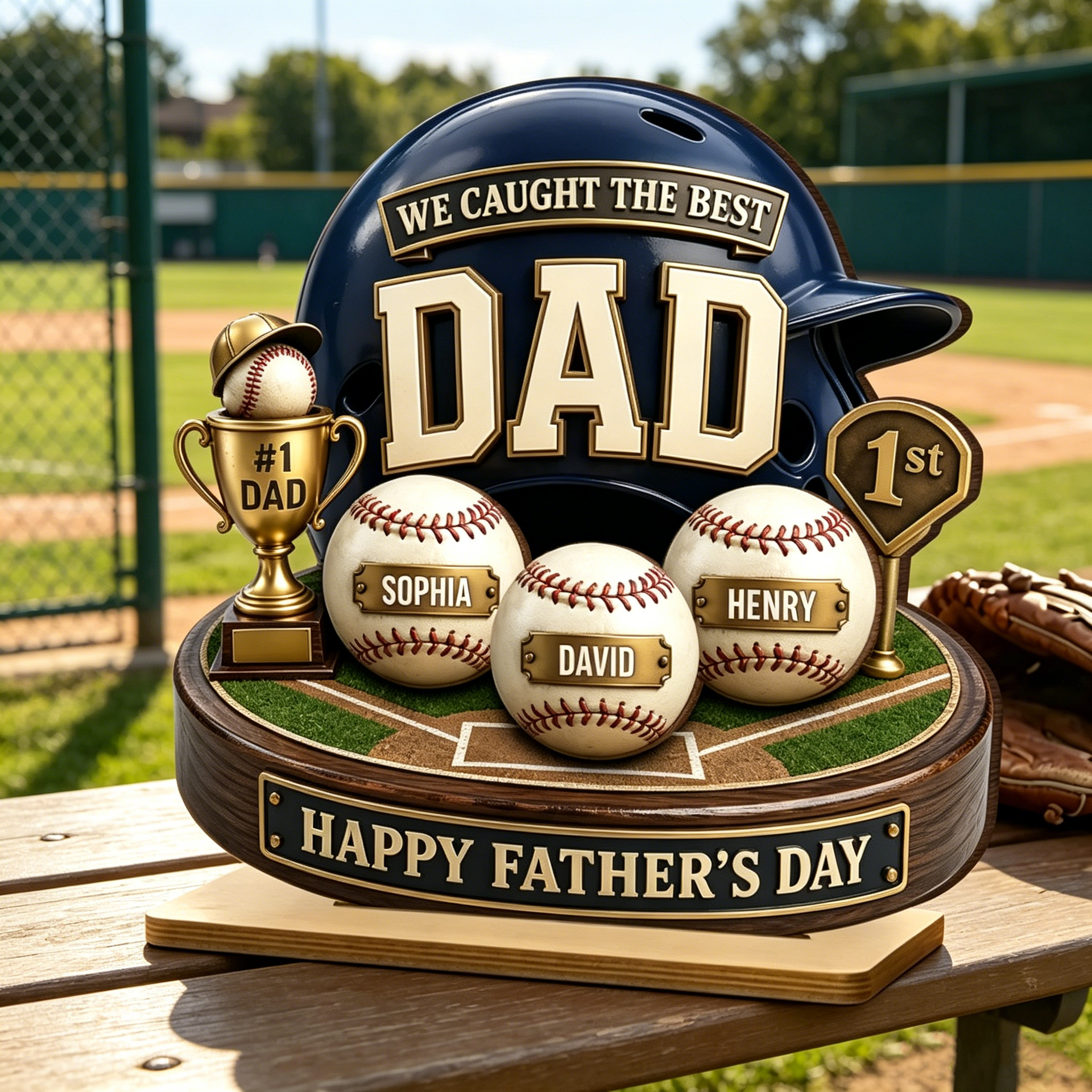 Personalized 3D Effect Baseball Helmet 2-Layer Wooden Plaque With Name - Father's Day Gift For Him