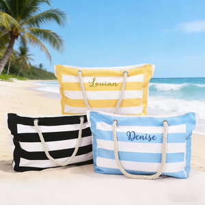 Personalized Waterproof Striped Beach Bag With Embroidered Name - Vacation Gift For Women
