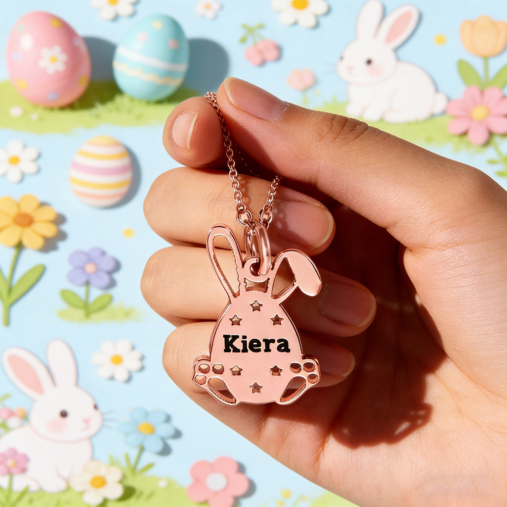 Personalized Cut-out Rabbit Finish Easter Bunny Necklace With Engraved Name & Color - Creative Easter Basket Present For Kids & Teens