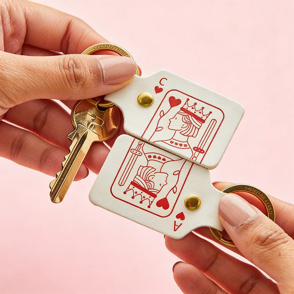 Personalized Playing Card Queen Leather Keychain With Initials & Message - Valentine's Day Gift For Couples