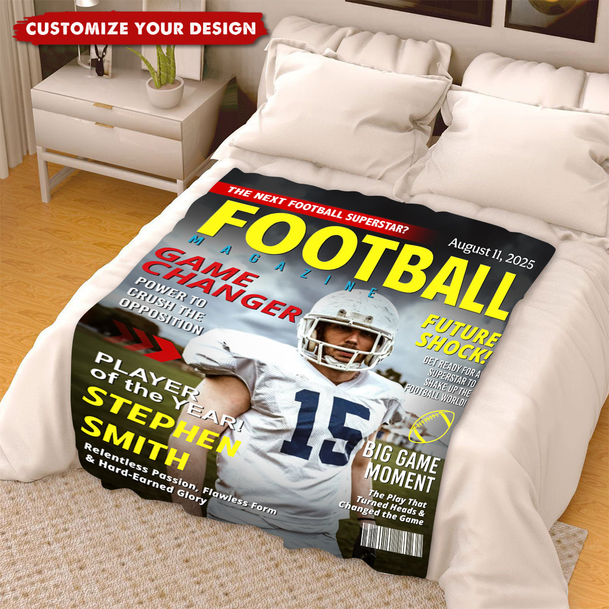 Personalized Football Magazine Cover Blanket With Photo & Name & Date & Headline | Unique Birthday Gift For Football Lover Athlete Kids
