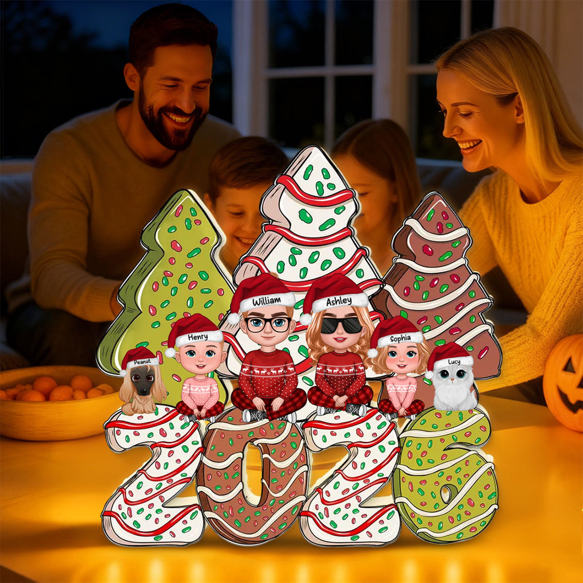 Personalized Christmas Tree Cartoon Family LED Light Box With Family Pet Names & Icons Warm Christmas Decor For Family