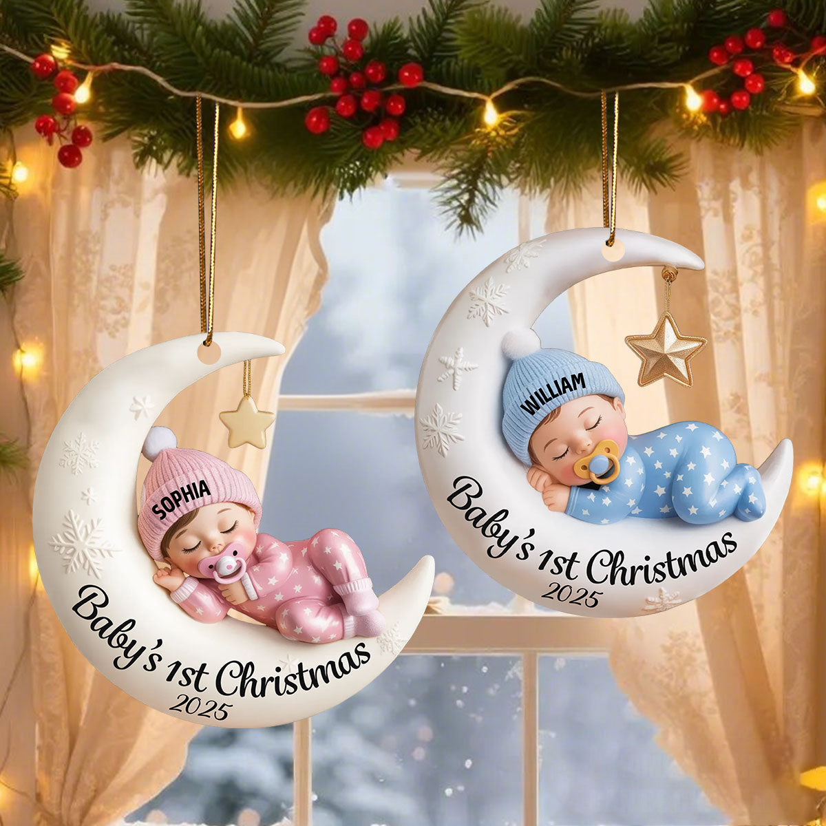 Personalized Moon Baby 1st Christmas Ornament With Name & Year Baby Shower Gift For Family