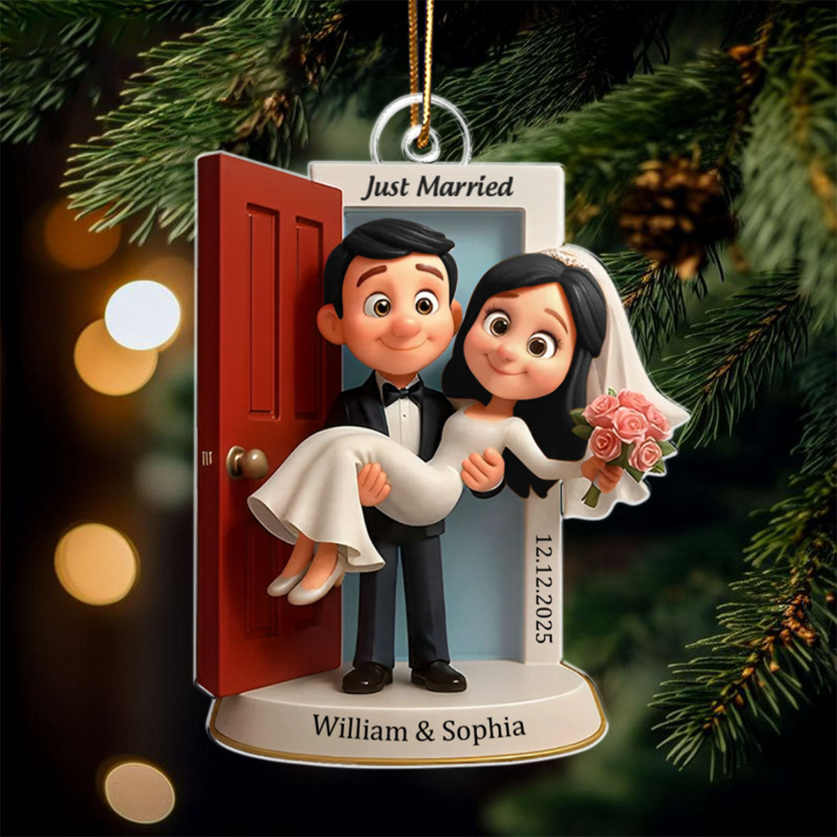 Personalized Wedding Couple Threshold Ornament With Design Names And Date,Romantic "Our First Christmas Married" Gift For Newlyweds