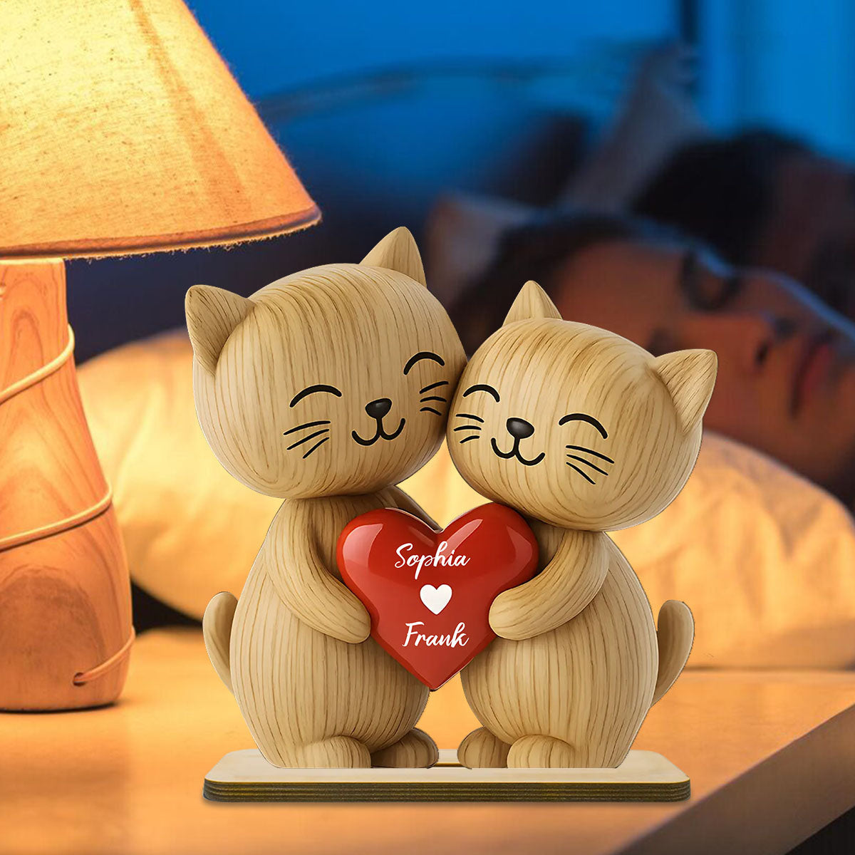 3D Cat Couple Love Personalized Standing Wooden Plaque - Customized Name, Wooden Materials, Perfect for Love Gift & Keepsake, Anniversary
