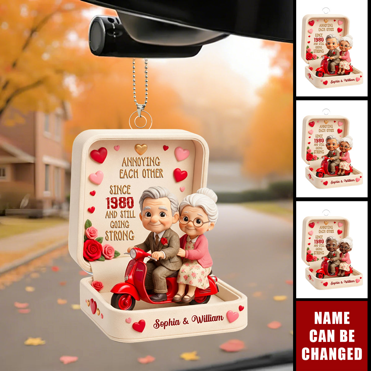 Personalized Elderly Couple Scooter Riding Car Ornament With Names & Year & Icons - Valentine's Day Anniversary Gift For Husband & Wife