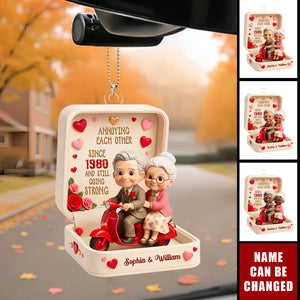 Personalized Elderly Couple Scooter Riding Car Ornament With Names & Year & Icons - Valentine's Day Anniversary Gift For Husband & Wife