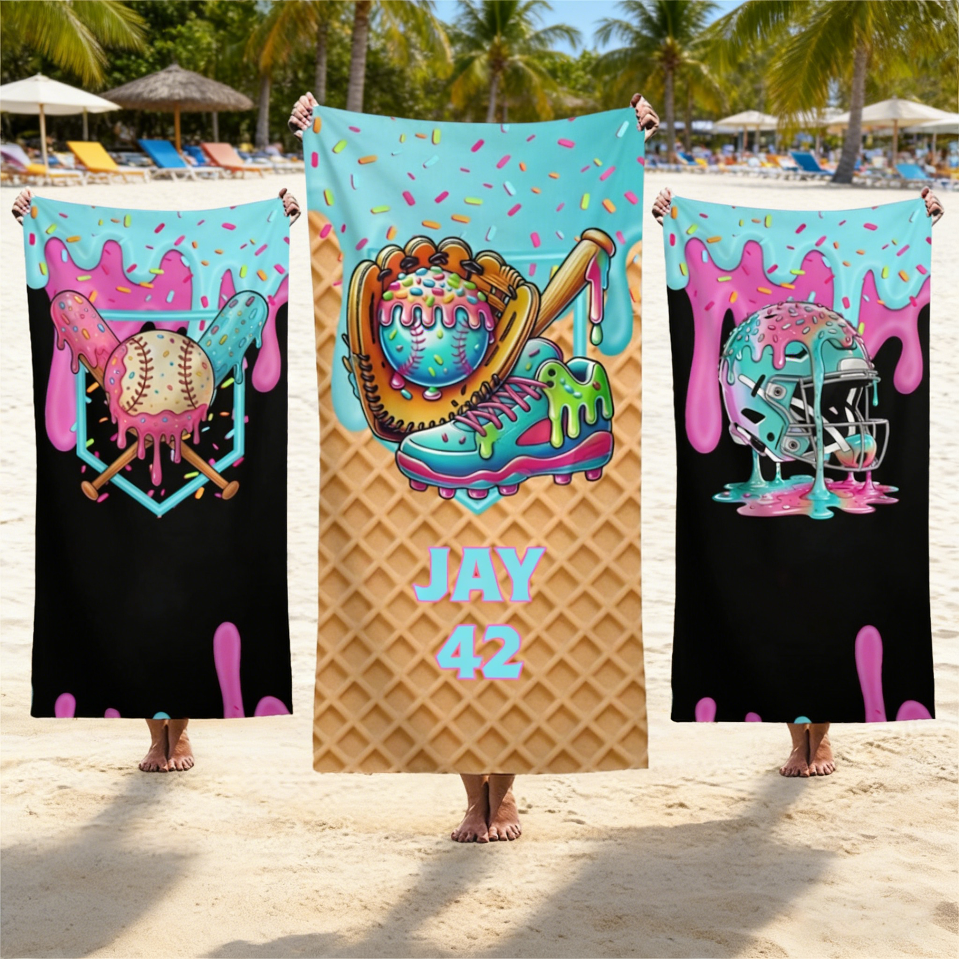 Personalized Retro Marine Life Beach Towel With Name - Summer Vacation Gift For Her