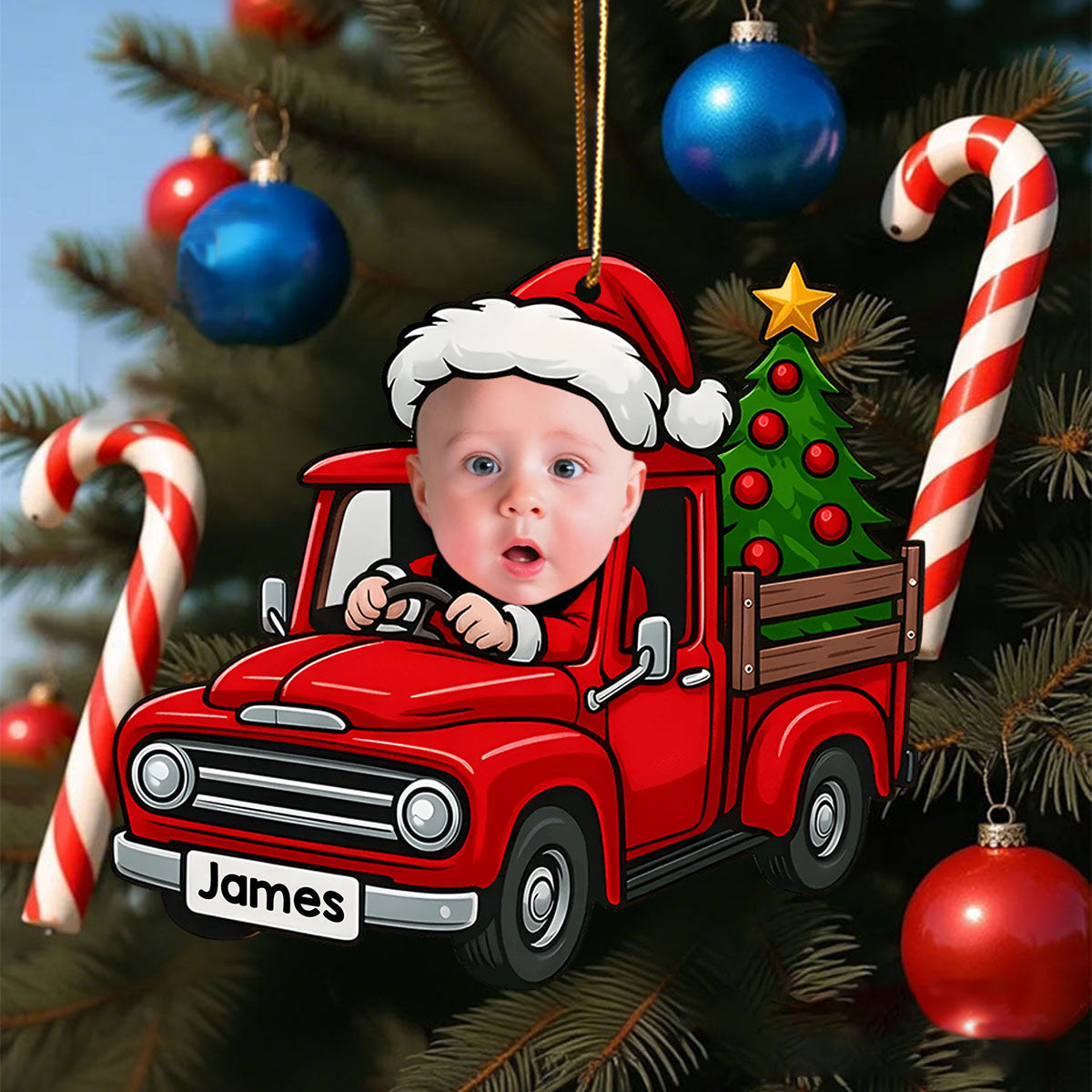 Personalized Little Santa Driver Christmas Ornament With Photo & Name - Heartfelt Baby Welcome Gift For Family
