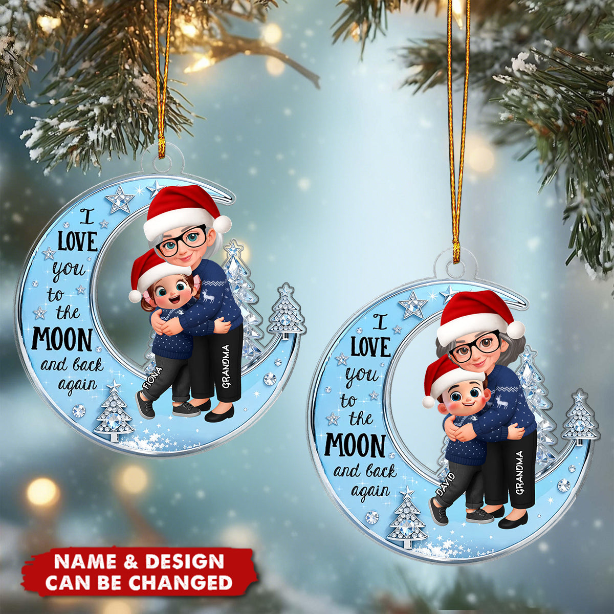 Personalized "Love You to the Blue Moon & Back" Ornament With Names & Icon | Best Xmas Gift For Nana Granny & Kids
