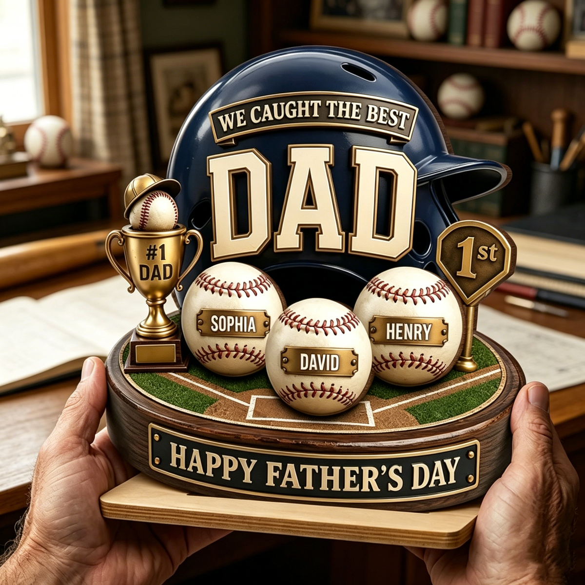 Personalized 3D Effect Baseball Helmet 2-Layer Wooden Plaque With Name - Father's Day Gift For Him