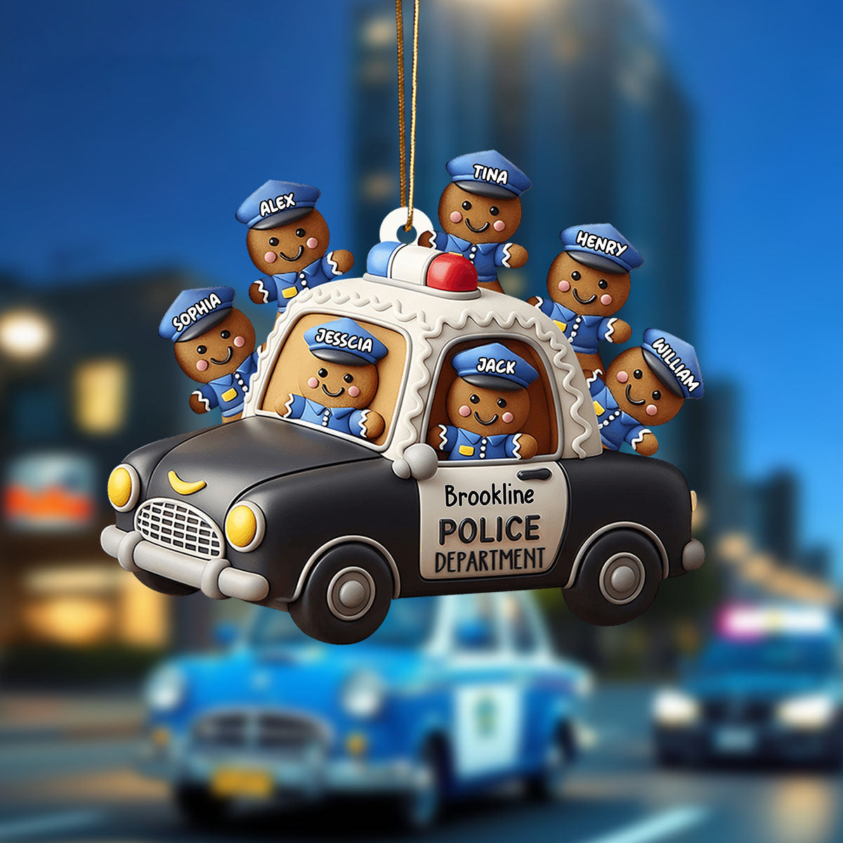Personalized Gingerbread Man Police Officer Car Ornament With 1-10 Names And design Christmas & Law Enforcement Gifts For Brave Hero