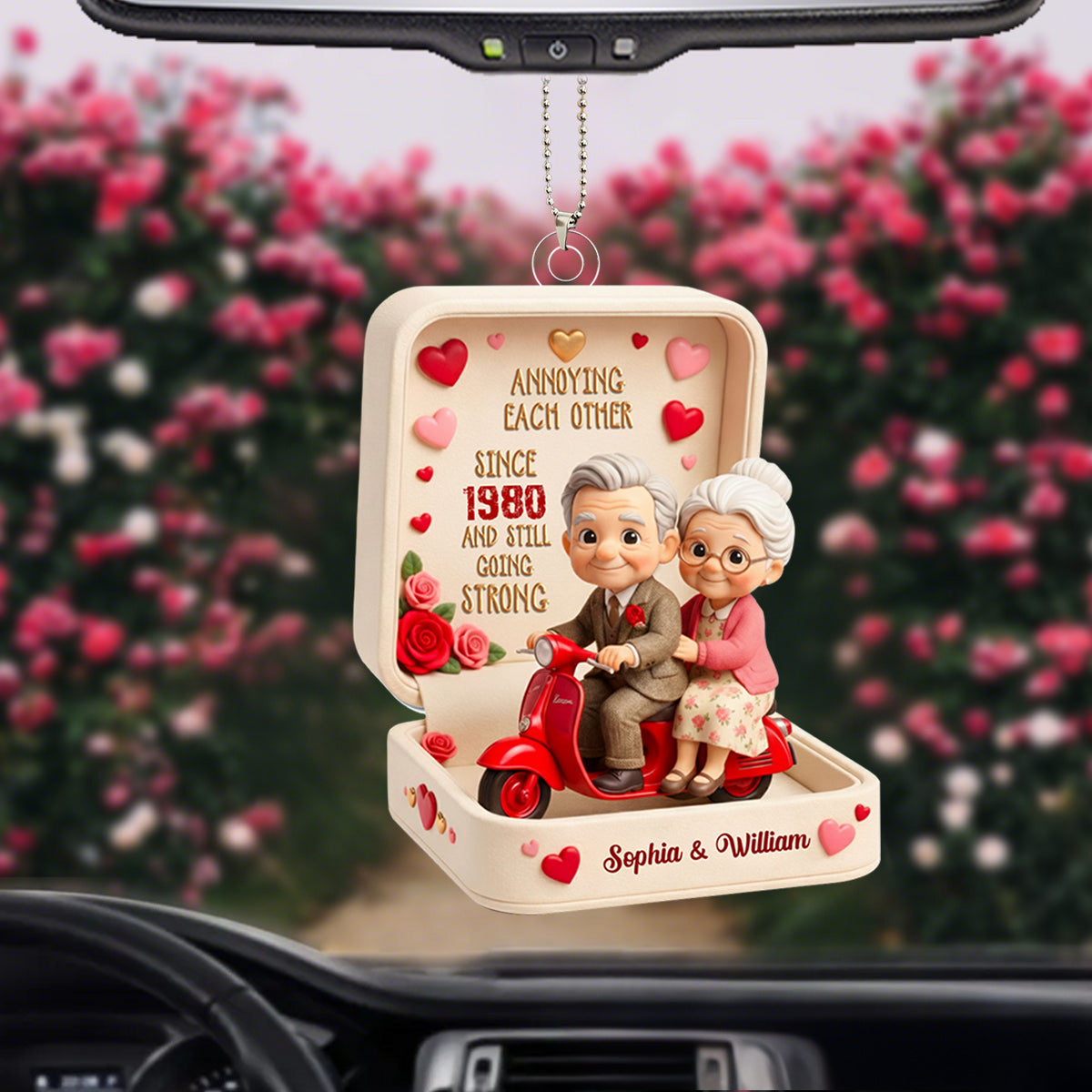 Personalized Elderly Couple Scooter Riding Car Ornament With Names & Year & Icons - Valentine's Day Anniversary Gift For Husband & Wife