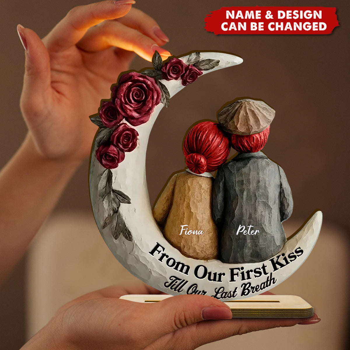 Personalized Eternal Love Old Couple 3D Effect Wooden Plaque With Names - Valentine's Day Keepsake Anniversary Gift For Couples