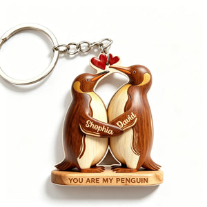 Personalized Wooden Keychain You Are My Penguin - Custom Name Anniversary Gift For Couples
