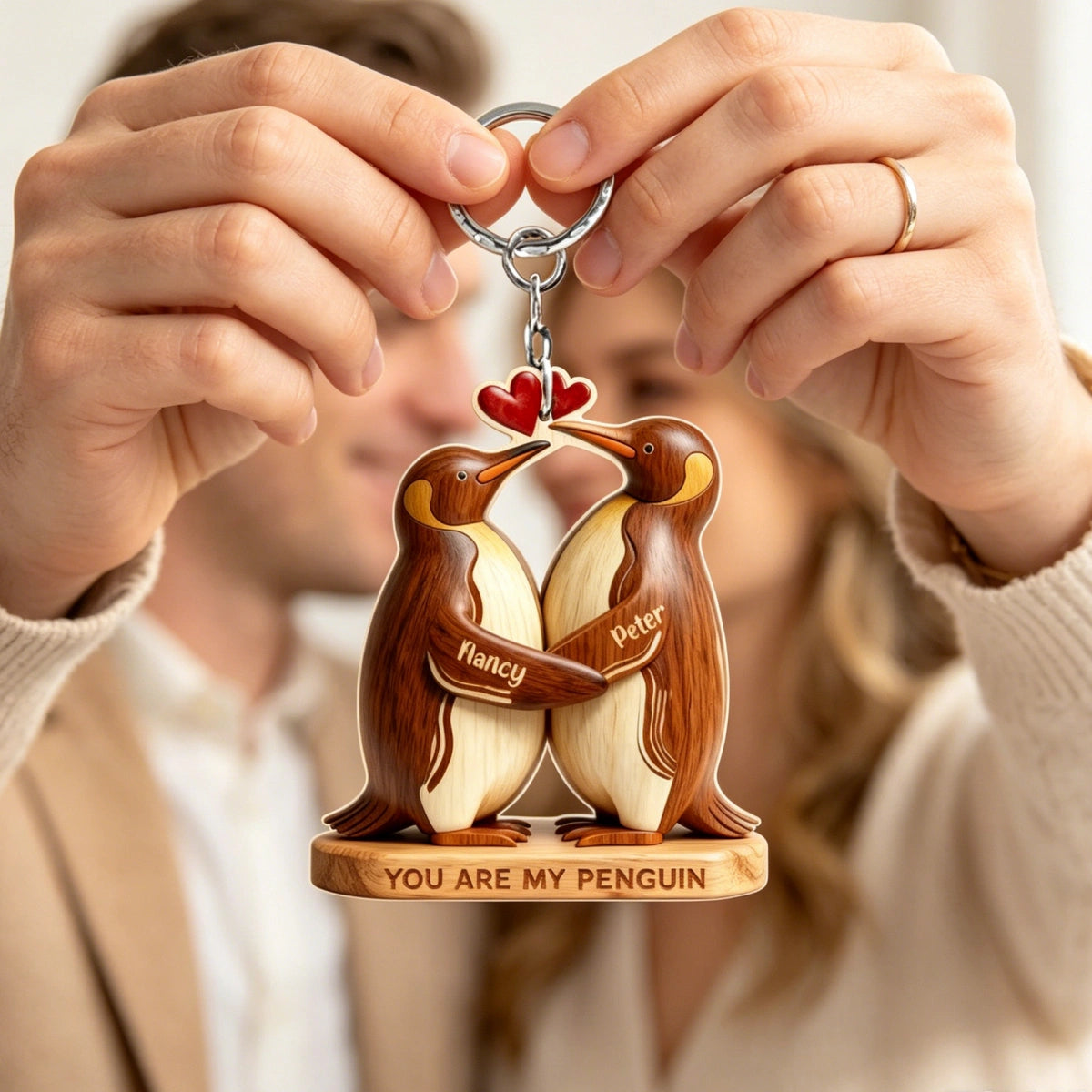 Personalized Wooden Keychain You Are My Penguin - Custom Name Anniversary Gift For Couples