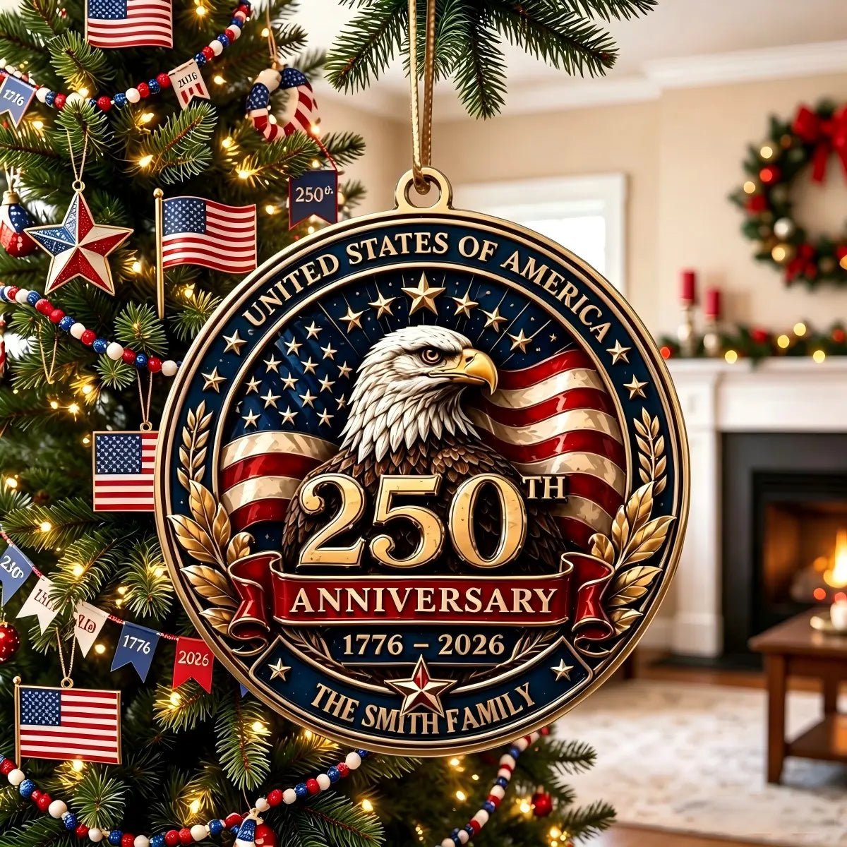 Personalized USA 250th Anniversary Ornament - Bald Eagle Patriotic Christmas Family Gift