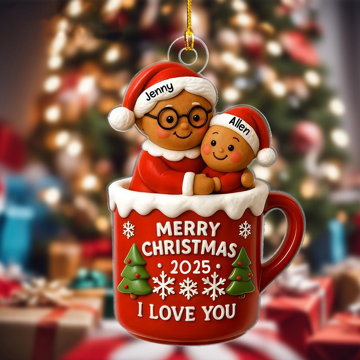 Personalized Gingerbread "Grandma Hugging Grandchild" Ornament With Names,Sweet Christmas Decoration Witness Grandma & Grandchild Love