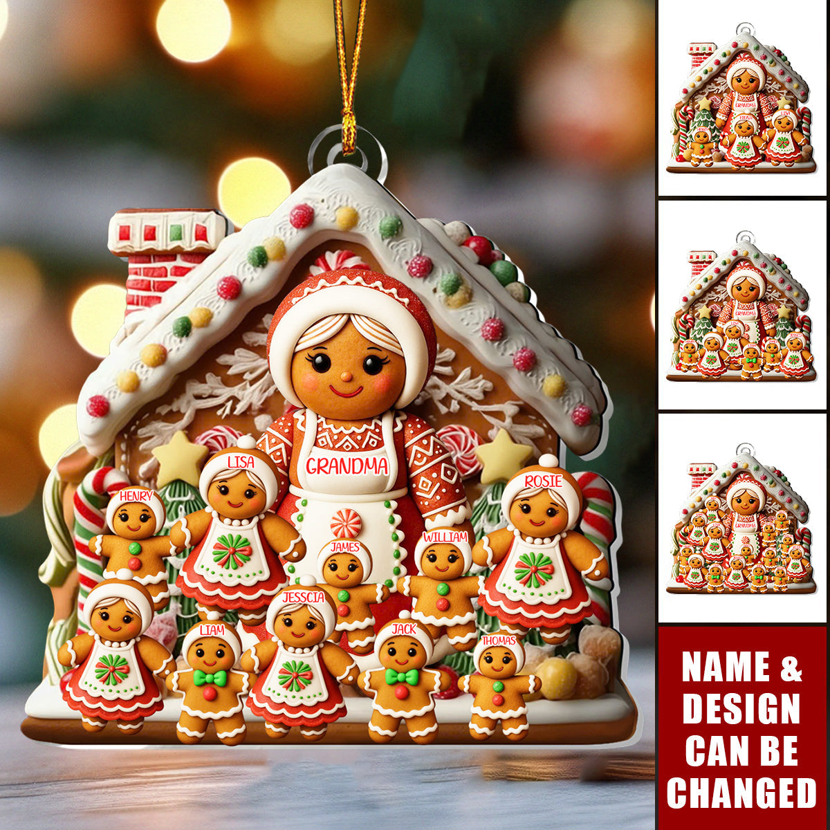 Personalized Grandma And Kids Gingerbread Family Ornament With 1-15 Names,Family "Wrapped" In Sweetness