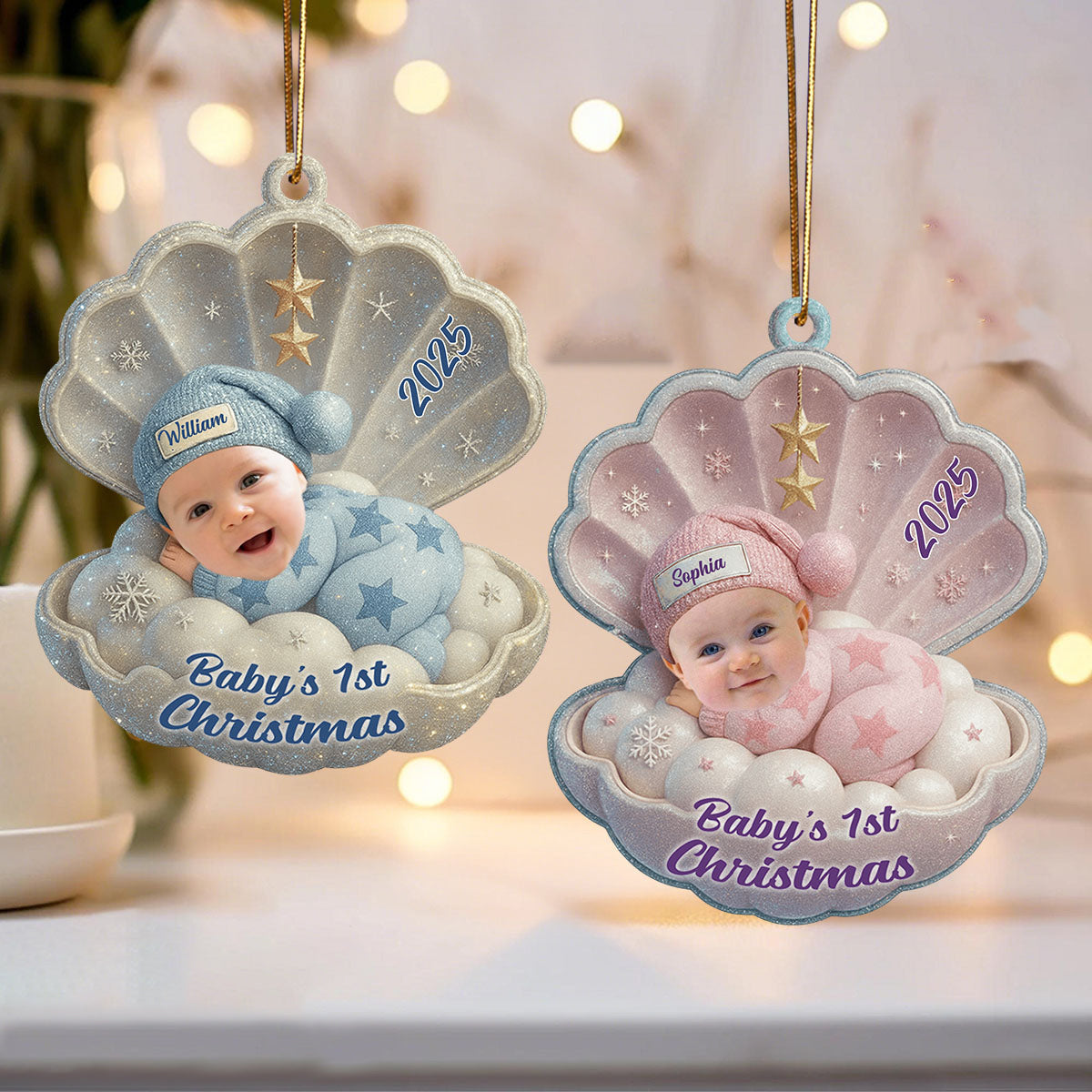 Personalized Baby Sleeping On Shell Ornaments With Name Photo & Year Baby's First Christmas For Family