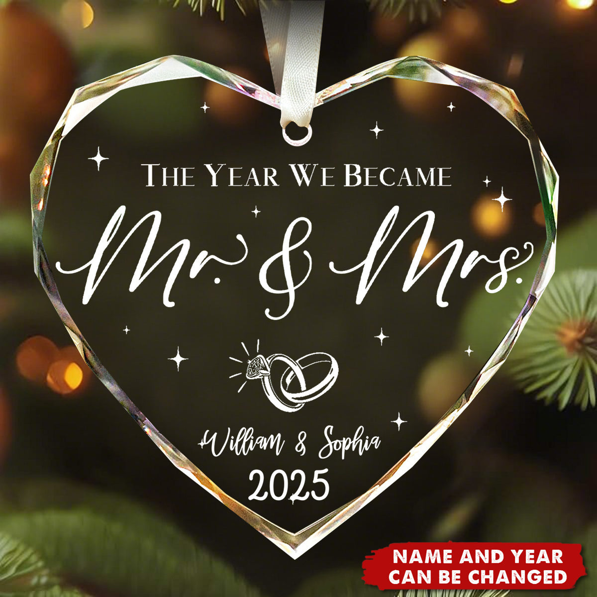 Personalized Mr & Mrs Crystal Glass Ornament - Customized Name & Year,Heart-Shaped Wedding For Christmas,For Couple,Witness Of A Happy Beginning