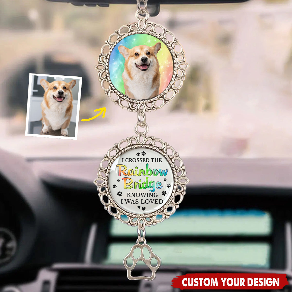 Custom Photo A Piece Of My Heart Is At The Rainbow Bridge - Memorial Personalized Metal Car Hanging Ornament With Charm