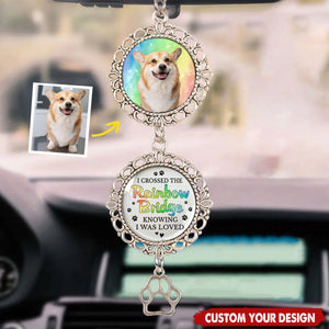 Custom Photo A Piece Of My Heart Is At The Rainbow Bridge - Memorial Personalized Metal Car Hanging Ornament With Charm