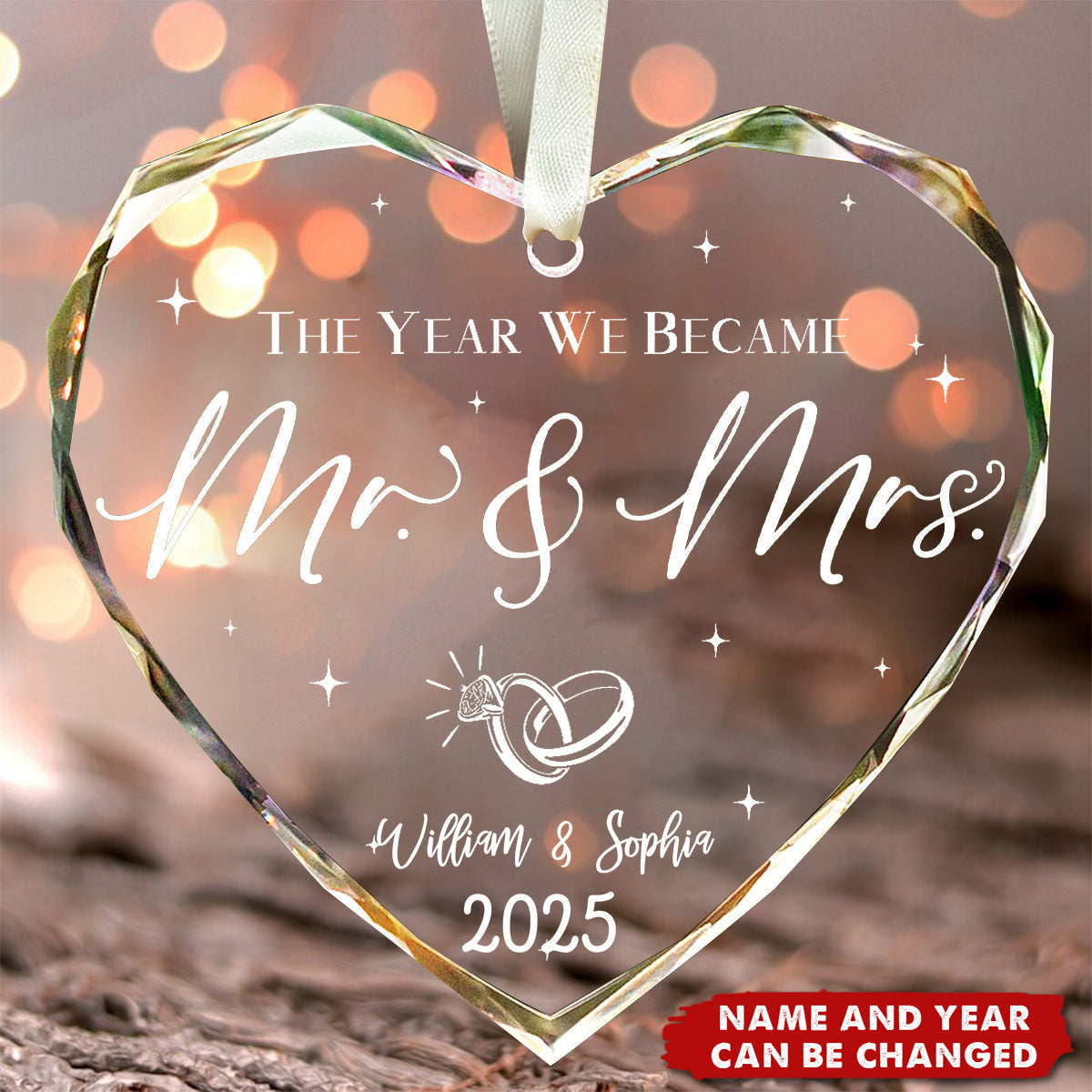 Personalized Mr & Mrs Crystal Glass Ornament - Customized Name & Year,Heart-Shaped Wedding For Christmas,For Couple,Witness Of A Happy Beginning