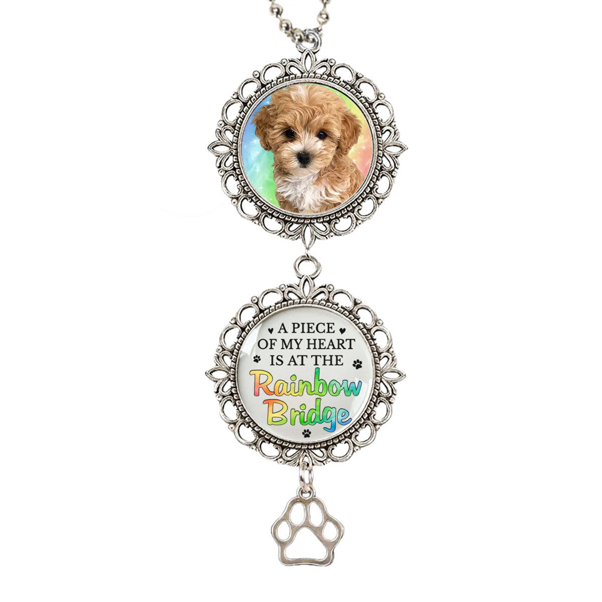 Custom Photo A Piece Of My Heart Is At The Rainbow Bridge - Memorial Personalized Metal Car Hanging Ornament With Charm
