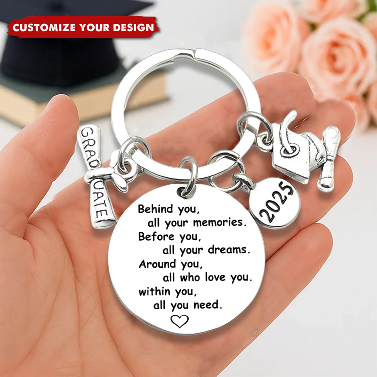 Personalized Graduation 2025 Keychain - Diploma & Mortar Board Charm Graduation Gift