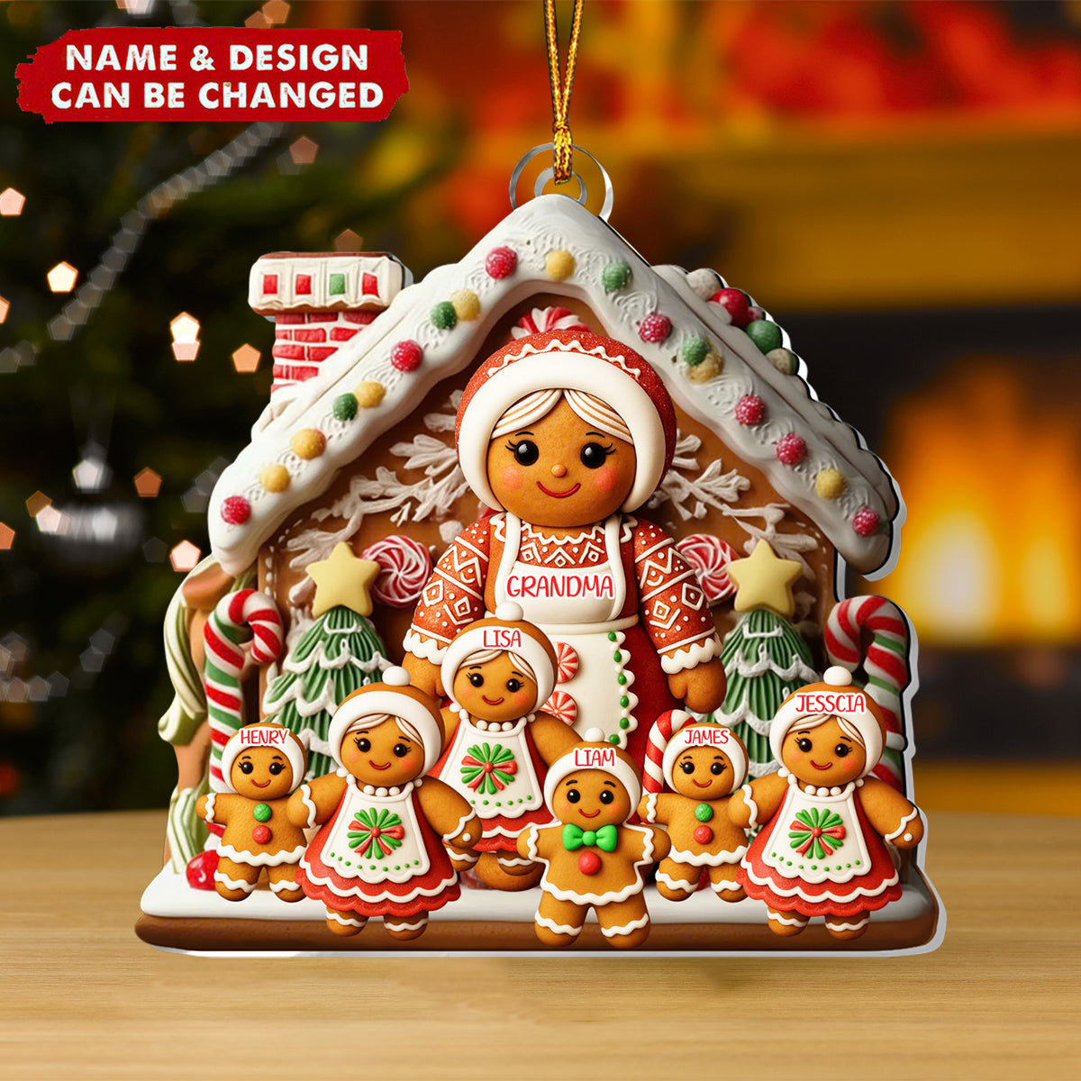 Personalized Grandma And Kids Gingerbread Family Ornament With 1-15 Names,Family "Wrapped" In Sweetness