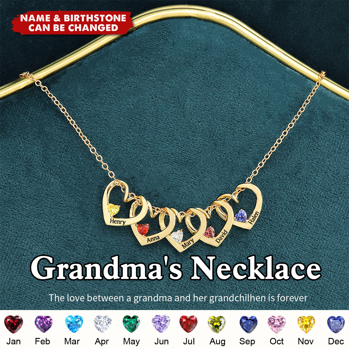Personalized Heart Necklace with Name & Birthstone - Mother Grandma Gift
