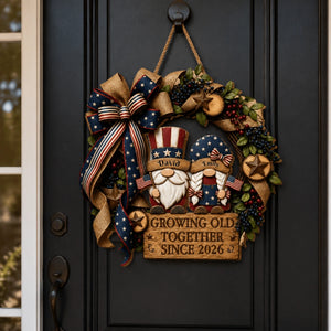 Personalized Growing Old Together Patriotic Gnomes Wreath Wood Sign - American Flag Door Decor