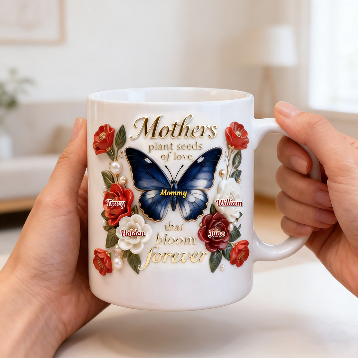 Personalized Floral Butterfly Mom And Kids Coffee Mug With 1-8 Names | Mother's Day Gift For Mom