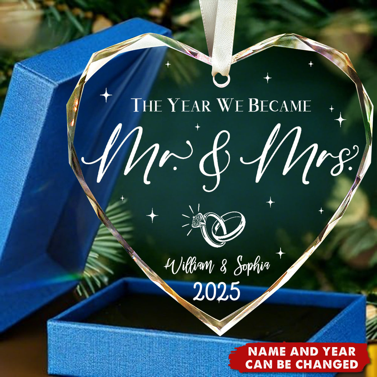 Personalized Mr & Mrs Crystal Glass Ornament - Customized Name & Year,Heart-Shaped Wedding For Christmas,For Couple,Witness Of A Happy Beginning