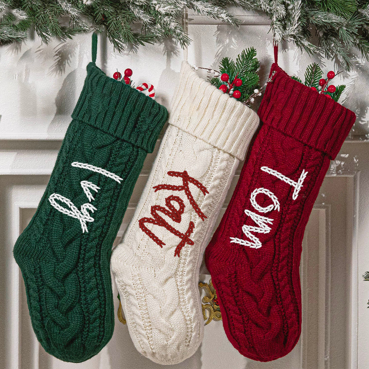 Personalized Christmas Stocking Holiday Greetings - Festive Cable Knit with Custom Name - Family Stocking Stuffer Gift