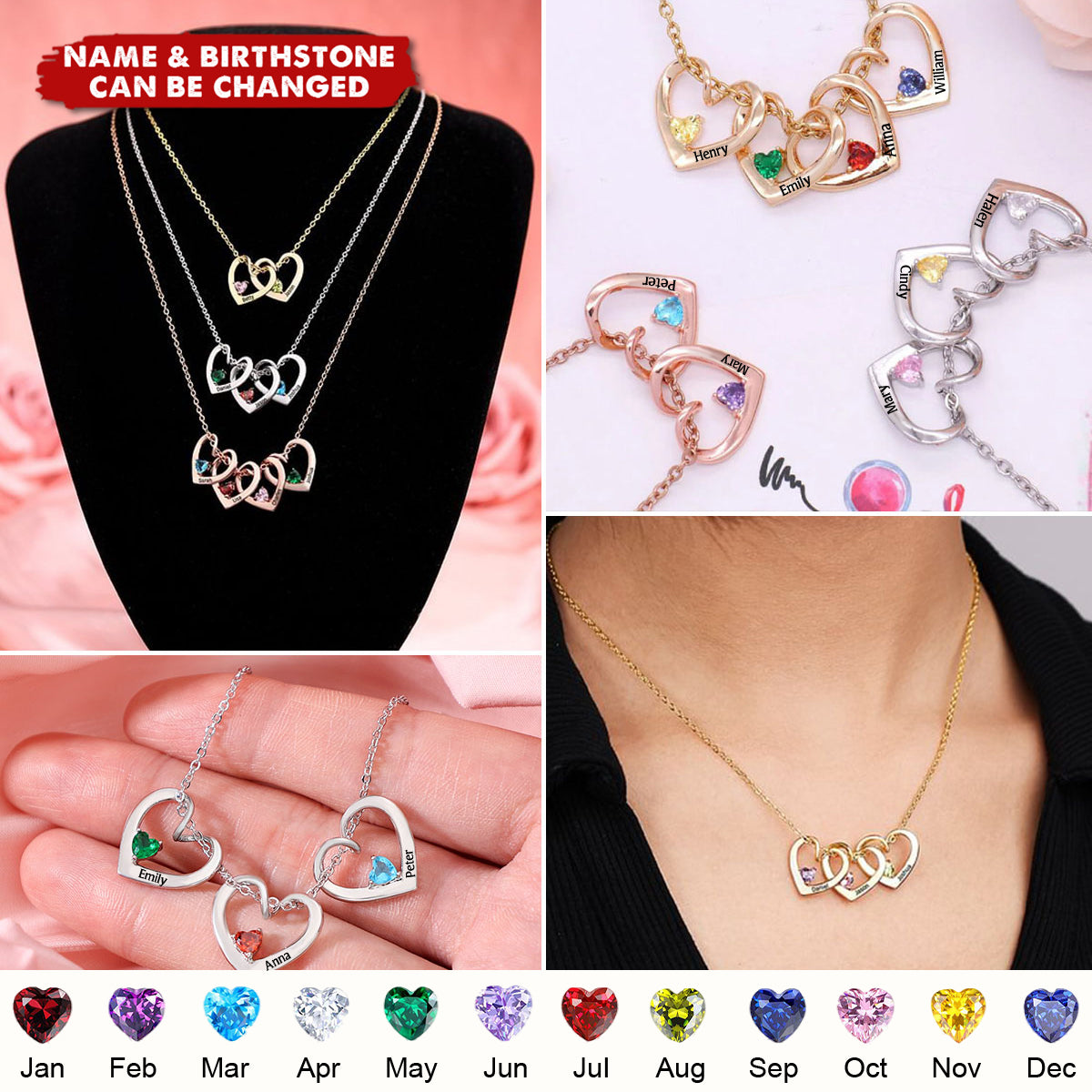 Personalized Heart Necklace with Name & Birthstone - Mother Grandma Gift