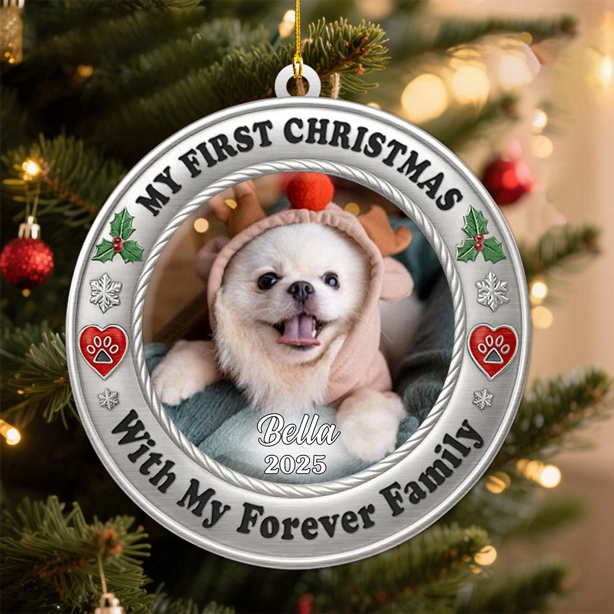 Personalized Pet Photo Metal Ornament With Name & Year,Perfect Christmas Birthday Gifts For Dog Cat Lovers